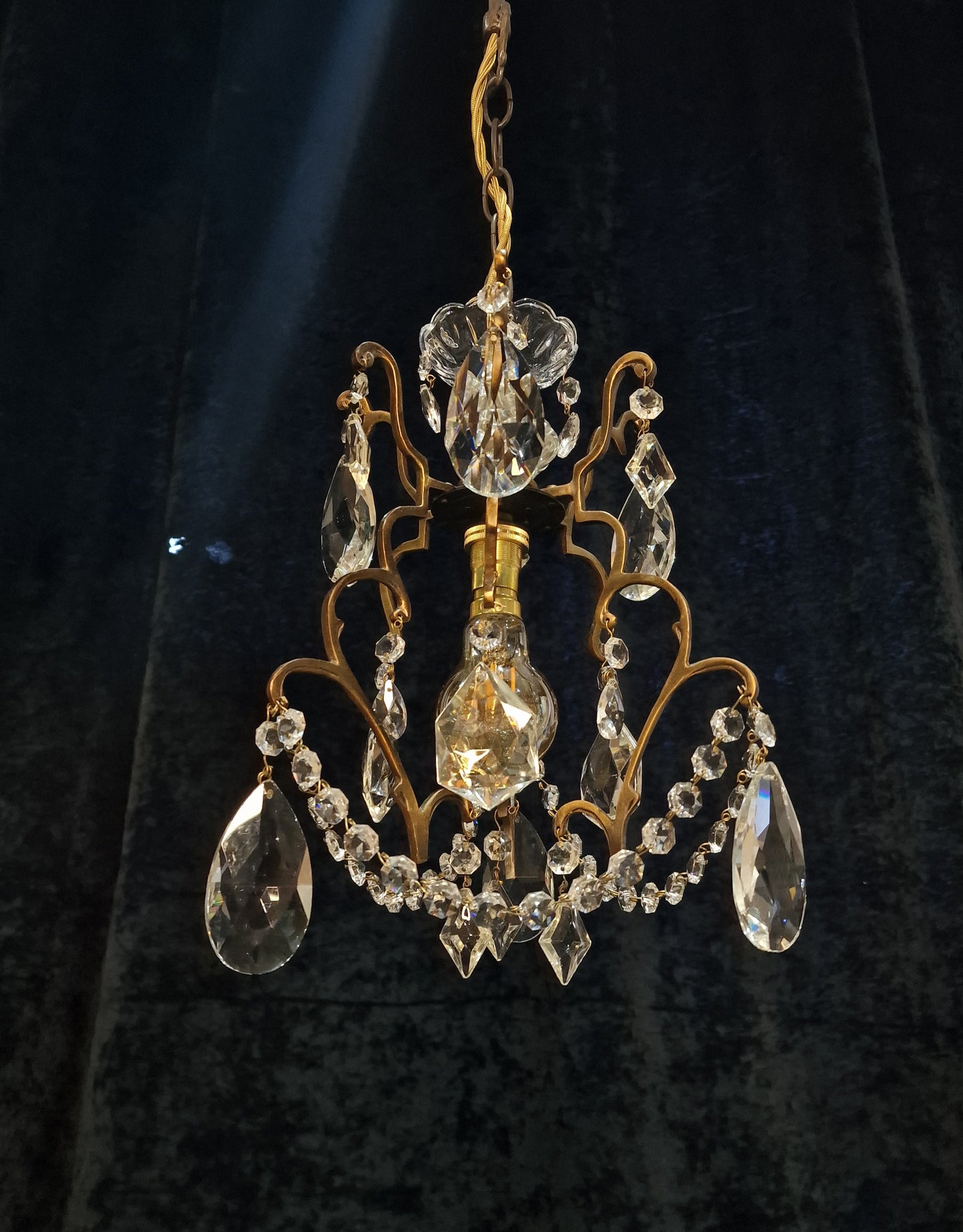 Lovely Petite Vintage French 1 Light Caged Brass Crystal Glass Chandelier