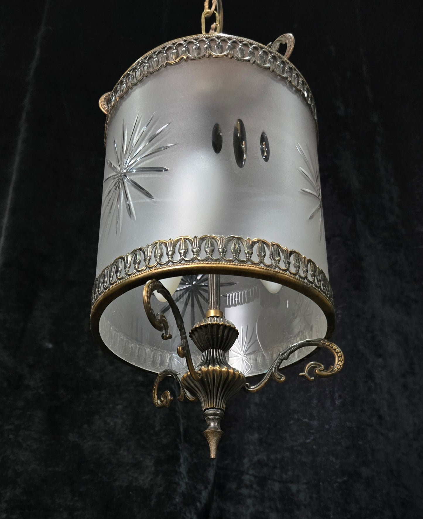 Elegant Vintage Italian Cylinder Cut Glass Starburst Brass 3 Light Lantern