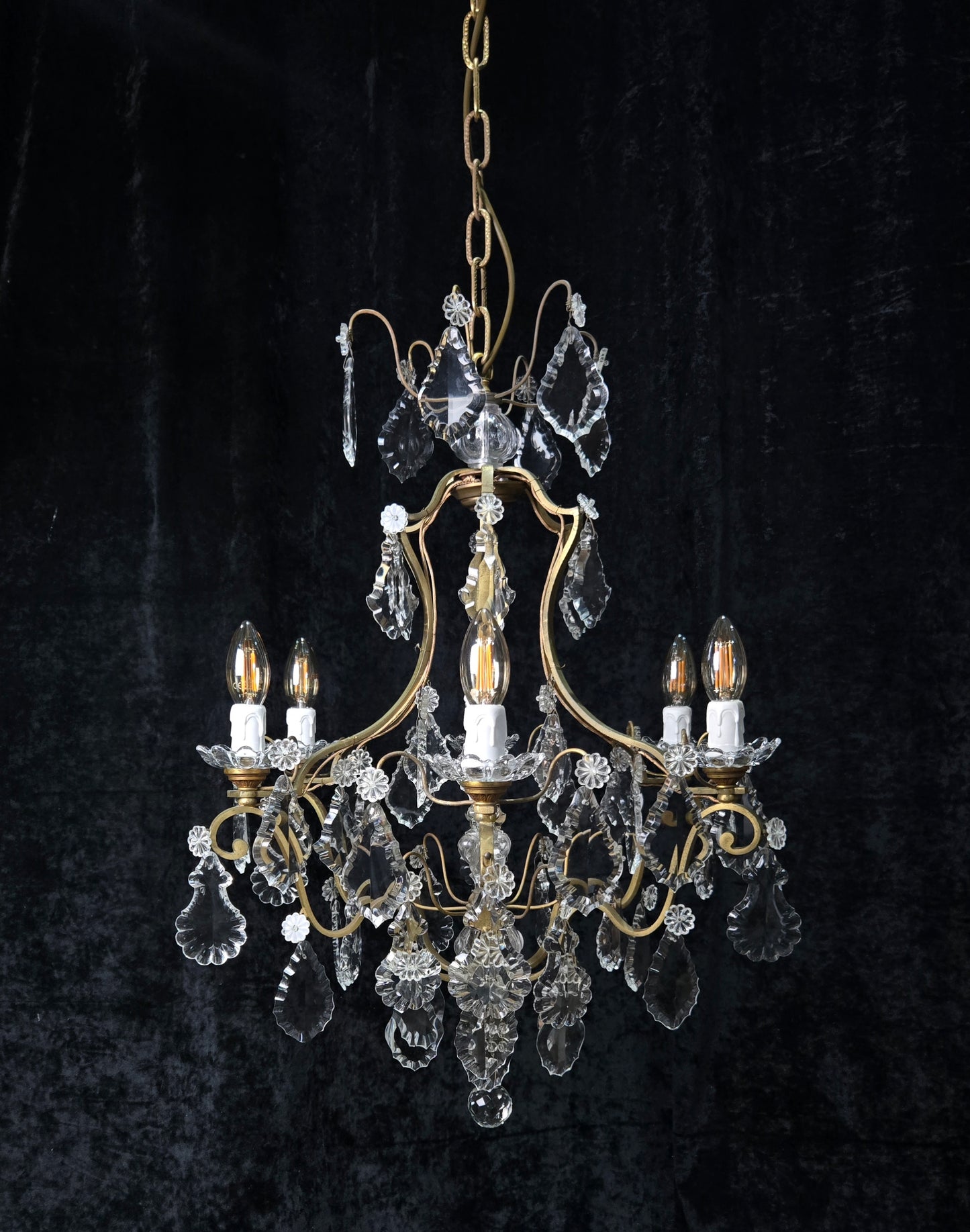 Classical Antique French 6 Arm Caged Bronze Crystal Chandelier Ceiling Light