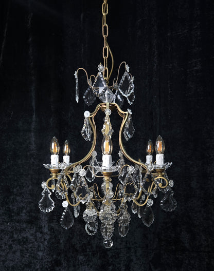 Classical Antique French 6 Arm Caged Bronze Crystal Chandelier Ceiling Light
