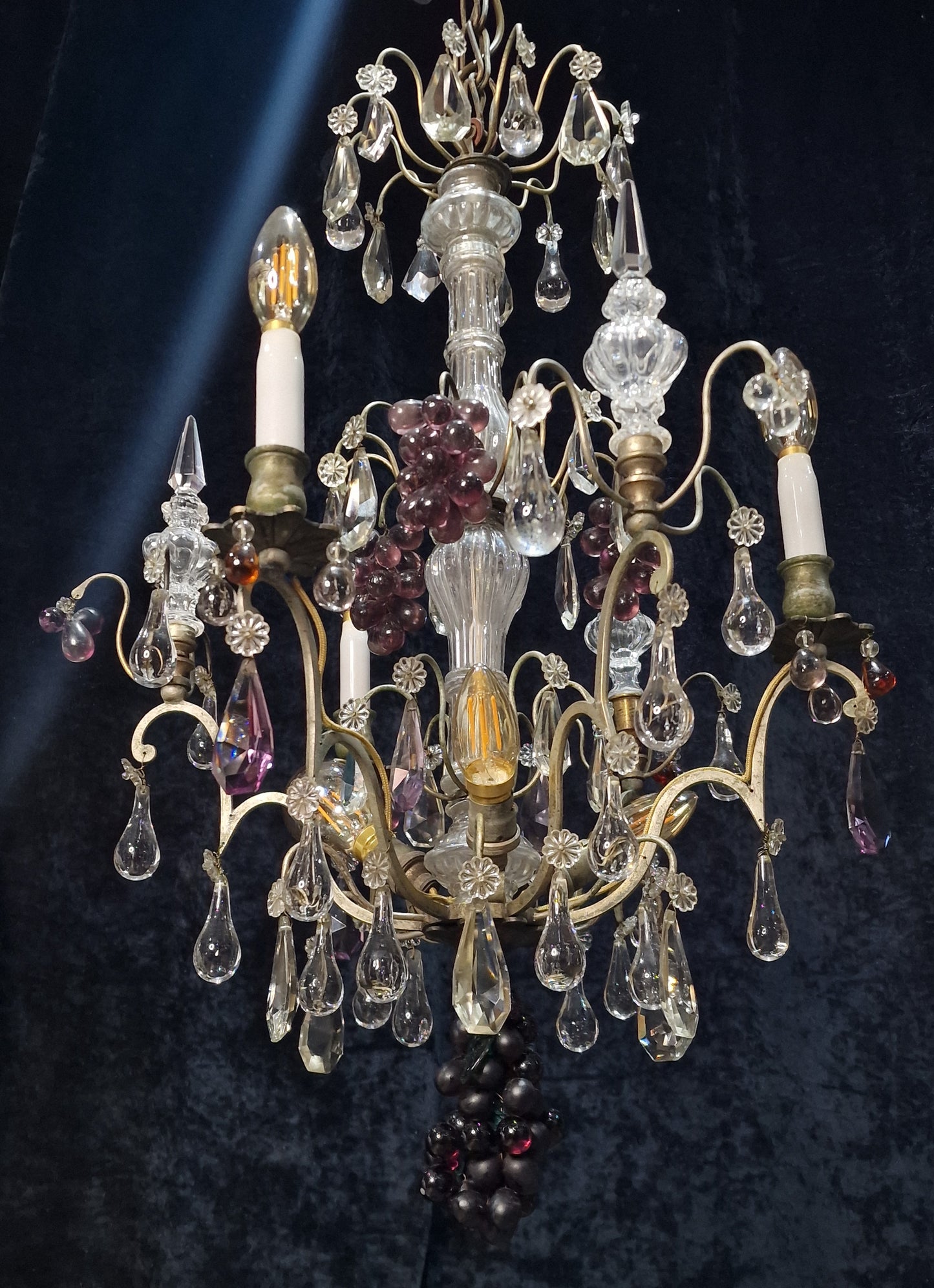 Exceptional Antique French 6 Light Murano Grape Crystal Solid Brass Chandelier