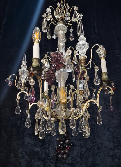 Exceptional Antique French 6 Light Murano Grape Crystal Solid Brass Chandelier