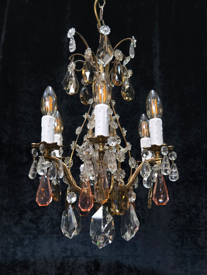 Beautiful Antique Italian 6 Arm Brass Crystal Cage Chandelier Ceiling Light