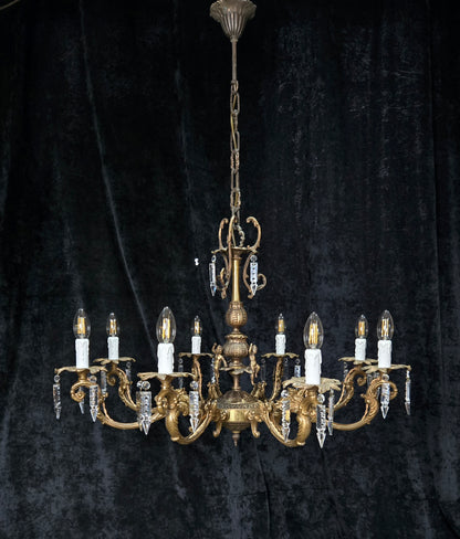 Fabulous Vintage Italian 8 Arm Large Brass Crystal Cherub Chandelier Light