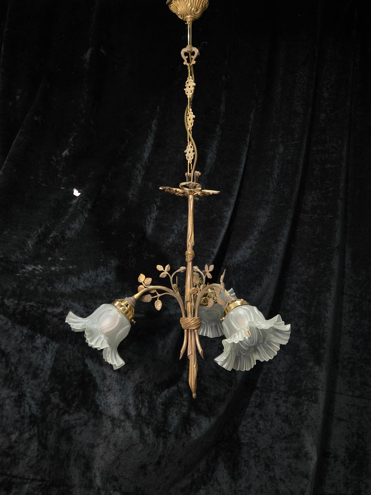 Gorgeous Antique French Brass 3 Arm Floral Chandelier Ceiling Light with Shades