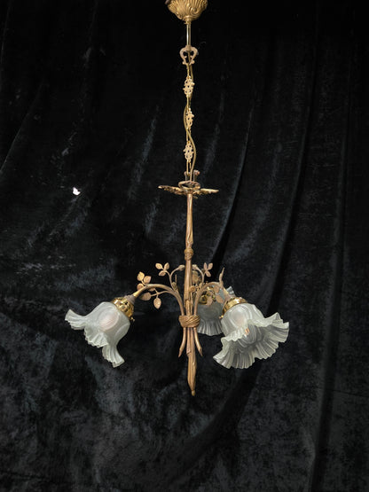 Gorgeous Antique French Brass 3 Arm Floral Chandelier Ceiling Light with Shades
