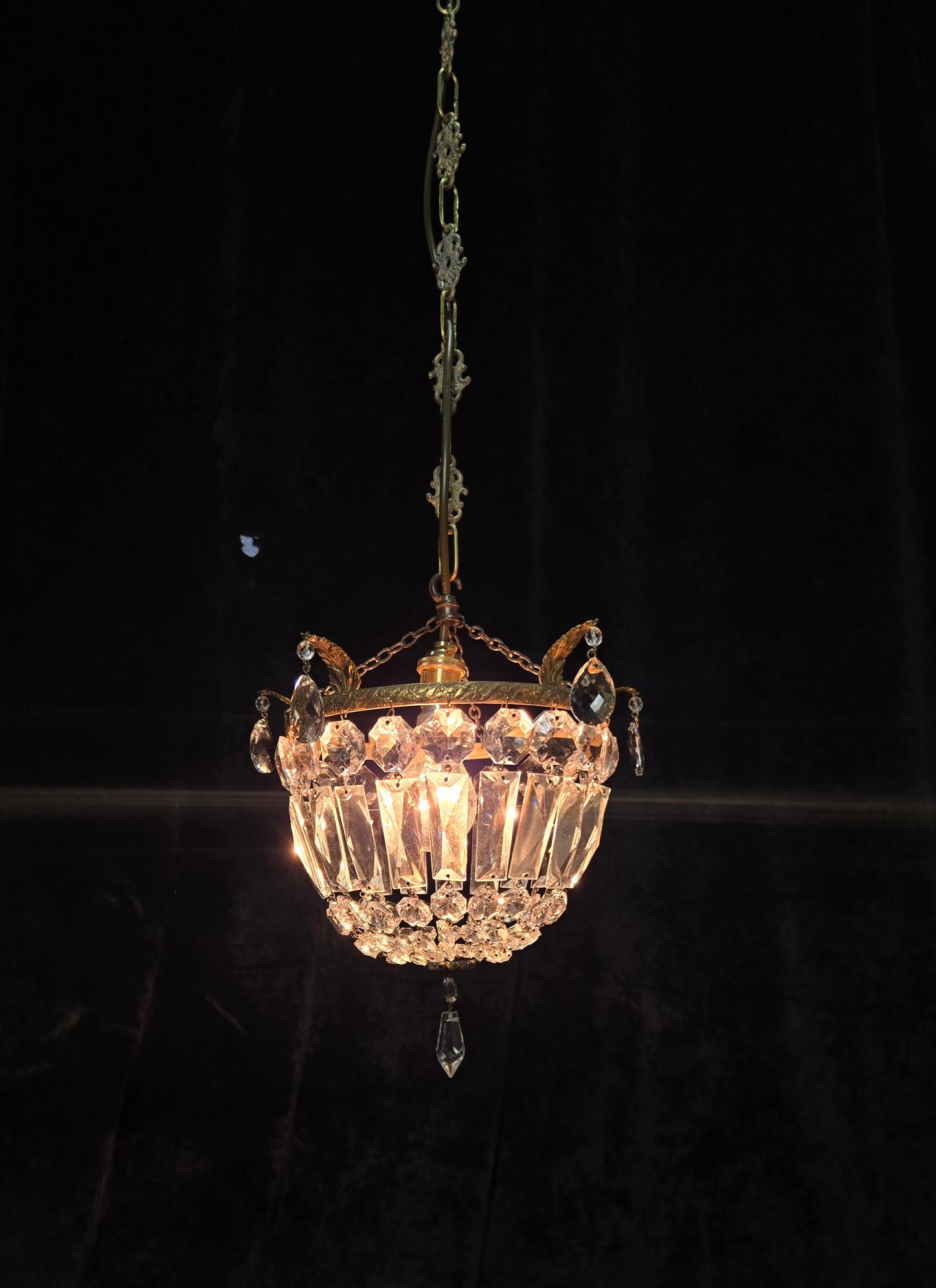 Beautiful Antique French Crystal Half Bag Brass Leaf Chandelier Ceiling Light