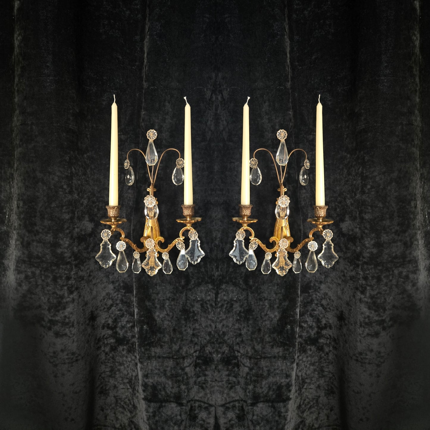 Beautiful Pair Antique French Gilt Bronze Brass 2 Arm Crystal Candle Wall Lights