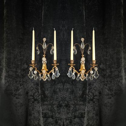 Beautiful Pair Antique French Gilt Bronze Brass 2 Arm Crystal Candle Wall Lights