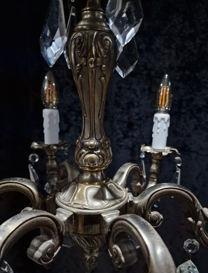 Beautiful Heavy Antique French Bronze Nickel Plated Crystal 6 Arm Chandelier