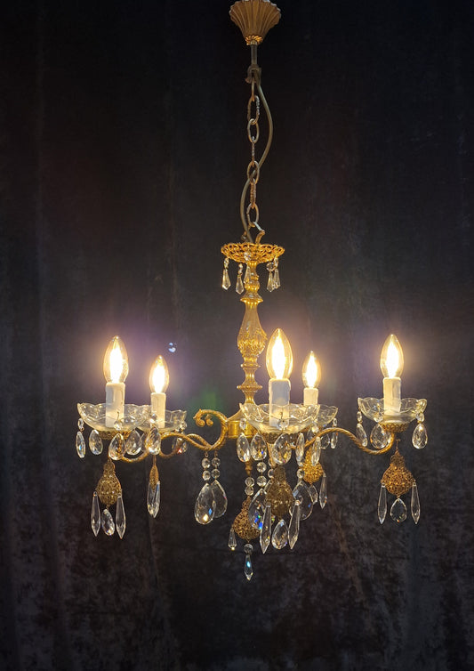 Elegant Vintage Italian 5 Arm Brass Crystal Leaf Chandelier Ceiling Light
