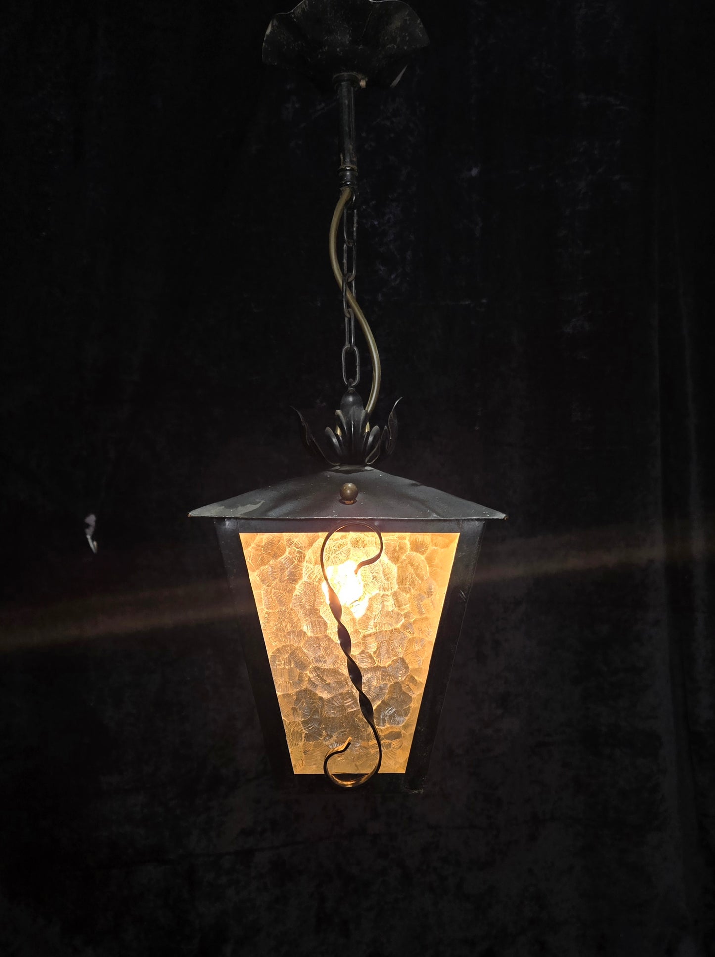 Lovely Vintage French Wrought Iron Gothic Patterned Glass Lantern Light