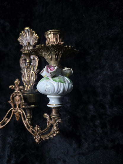 Beautiful Pair Vintage Italian 2 Arm Brass Porcelain Candle Wall Lights Sconces