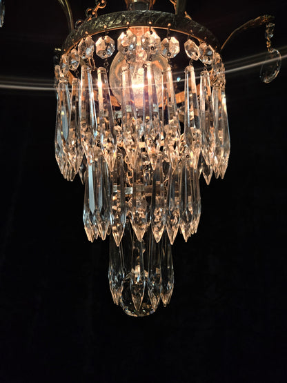 Beautiful Antique French Crystal Waterfall Brass Leaf Chandelier Ceiling Light