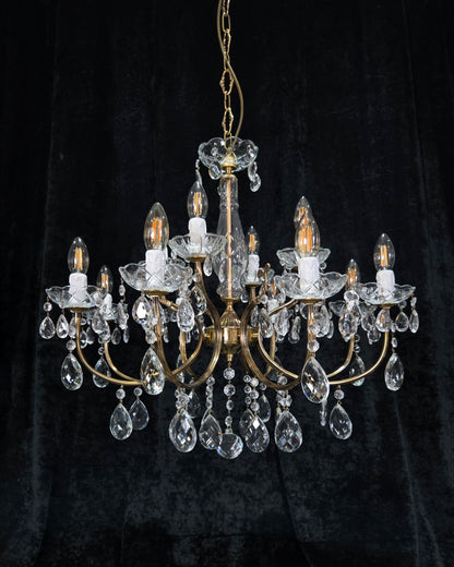 Classical Vintage Italian 8 Arm 12 Light Brass Crystal Chandelier Ceiling Light