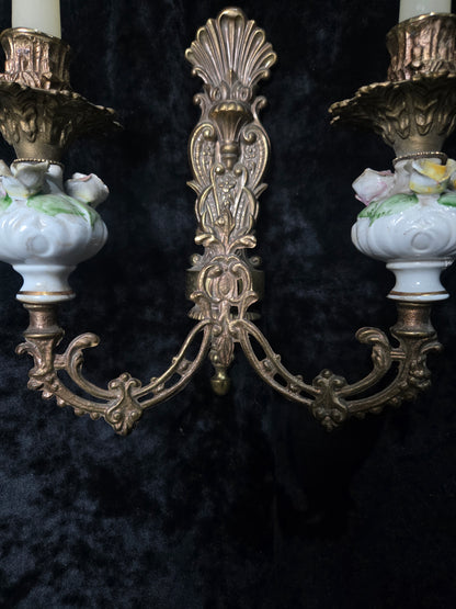 Beautiful Pair Vintage Italian 2 Arm Brass Porcelain Candle Wall Lights Sconces