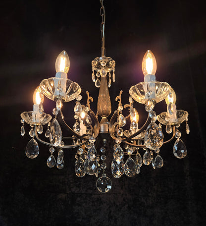 Beautiful Vintage Italian 6 Arm Brass Glass Crystal Chandelier Ceiling Light