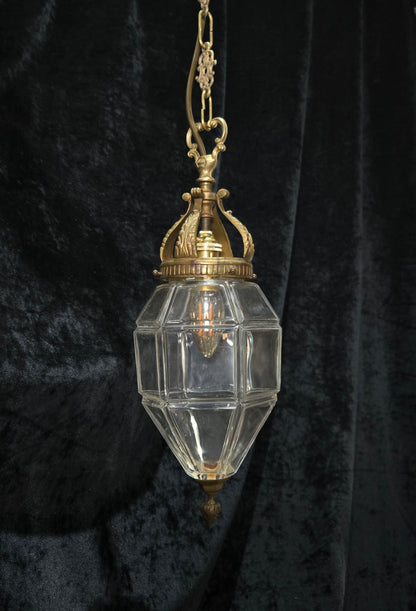 Traditional Vintage French Brass Geometric Clear Glass 1 Light Lantern