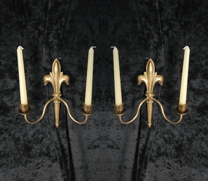 Decorative Pair Antique French Fleur De Lis Brass 2 Arm Candle Wall Lights