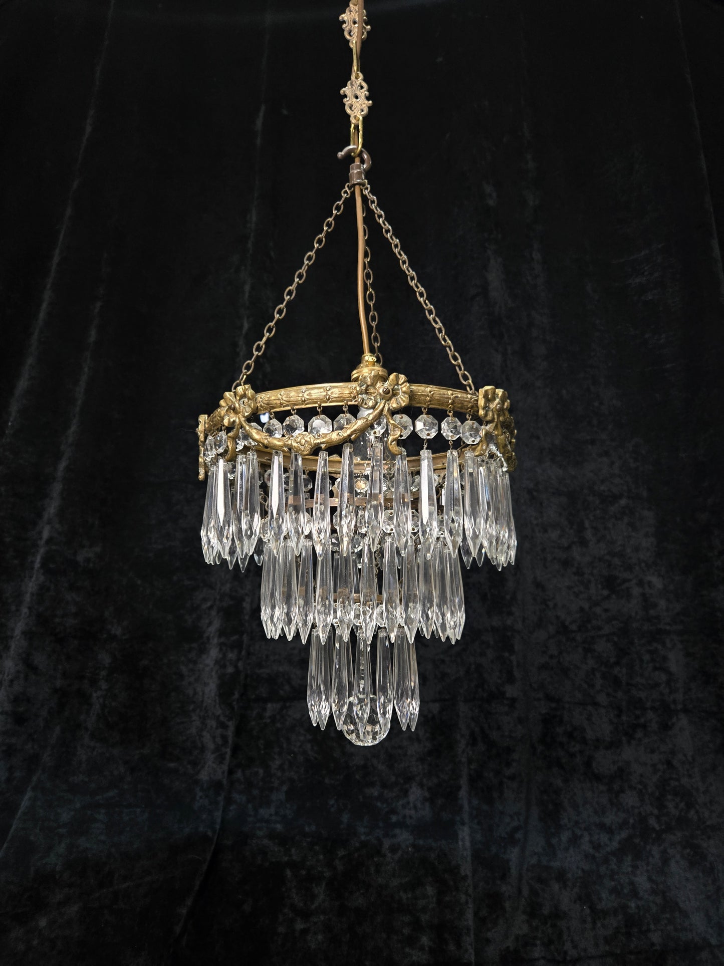 Fabulous Antique French Empire Style Brass Crystal Bows Chandelier Ceiling Light