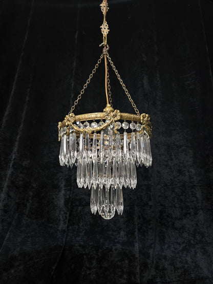 Fabulous Antique French Empire Style Brass Crystal Bows Chandelier Ceiling Light