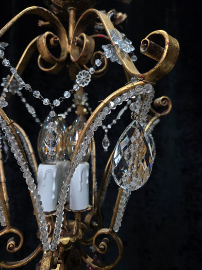 Fabulous Vintage Italian 3 Arm Caged Florentine Flower Crystal Chandelier Light