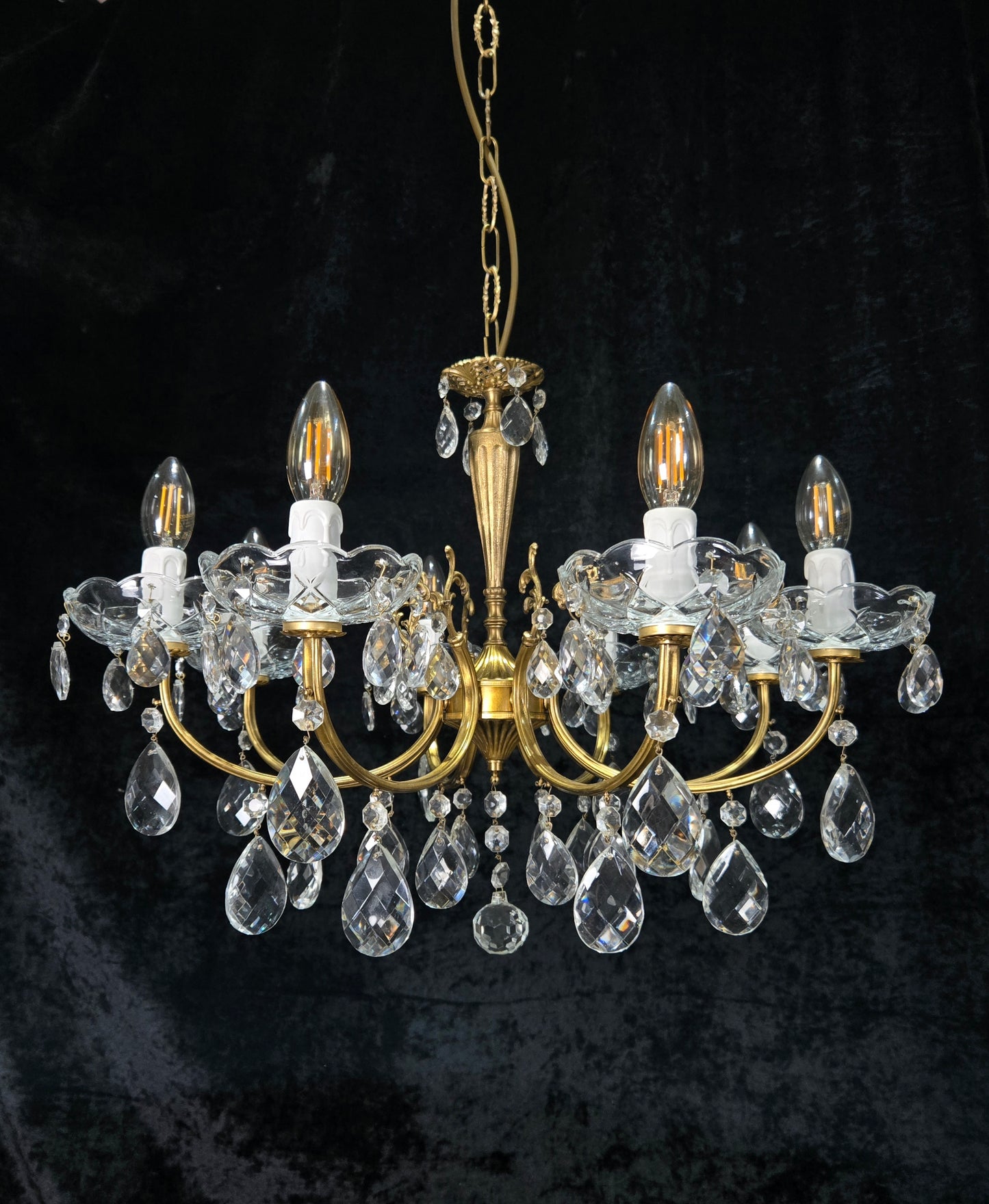 Beautiful Vintage Italian 8 Arm Brass Glass Crystal Chandelier Ceiling Light