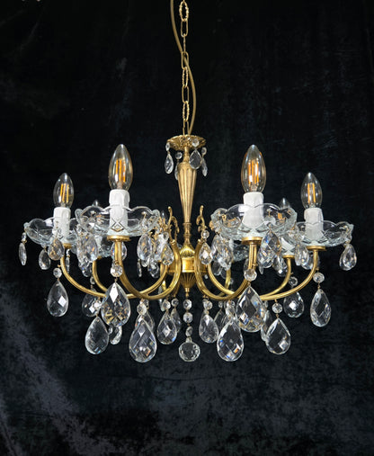 Beautiful Vintage Italian 8 Arm Brass Glass Crystal Chandelier Ceiling Light