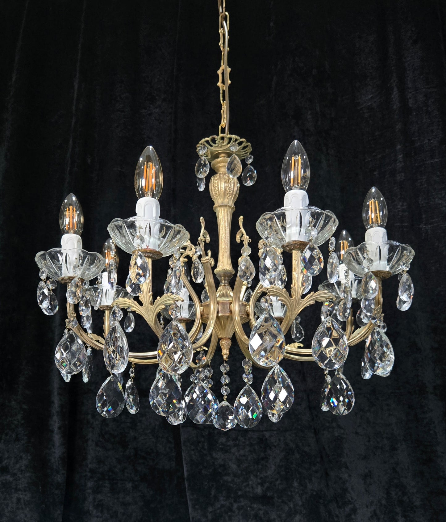 Elegant Vintage Italian 8 Arm Brass Crystal Leaf Chandelier Ceiling Light