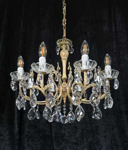 Elegant Vintage Italian 8 Arm Brass Crystal Leaf Chandelier Ceiling Light