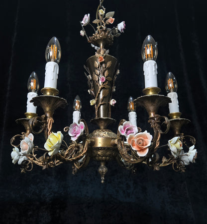 Fabulous Vintage Italian 6 Arm Brass Florentine Flower Roses Chandelier Light