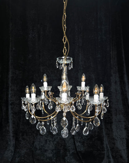 Classical Vintage Italian 8 Arm 12 Light Brass Crystal Chandelier Ceiling Light