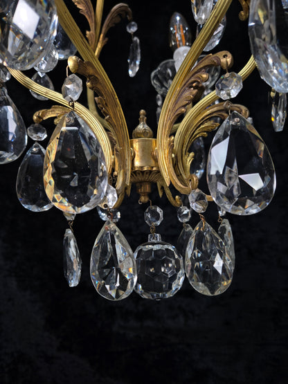 Beautiful Vintage Italian 3 Arm Brass Crystal Cage Leaf Chandelier Ceiling Light