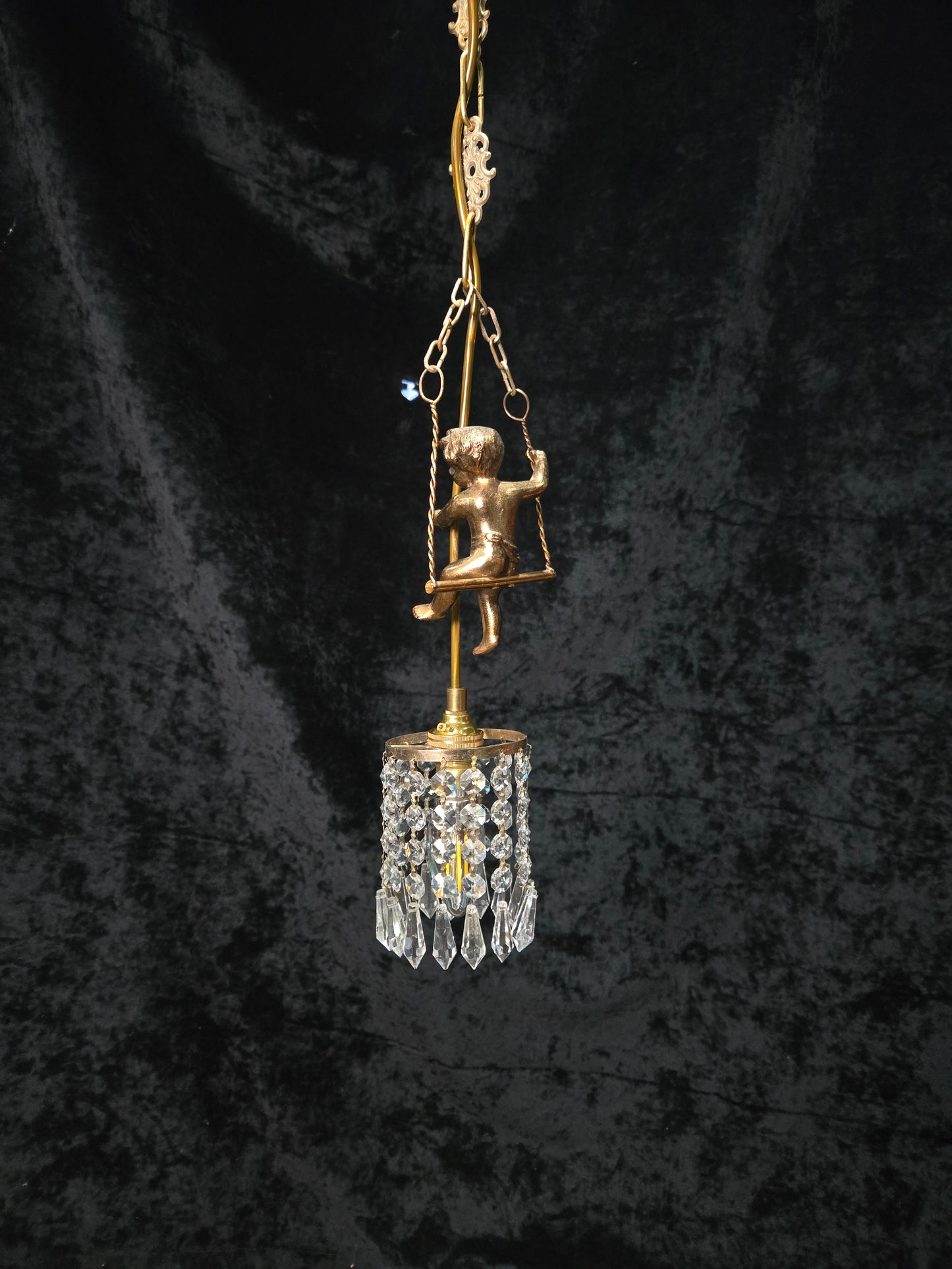 Beautiful Petite Vintage French Brass Cherub Crystal Chandelier Ceiling Light