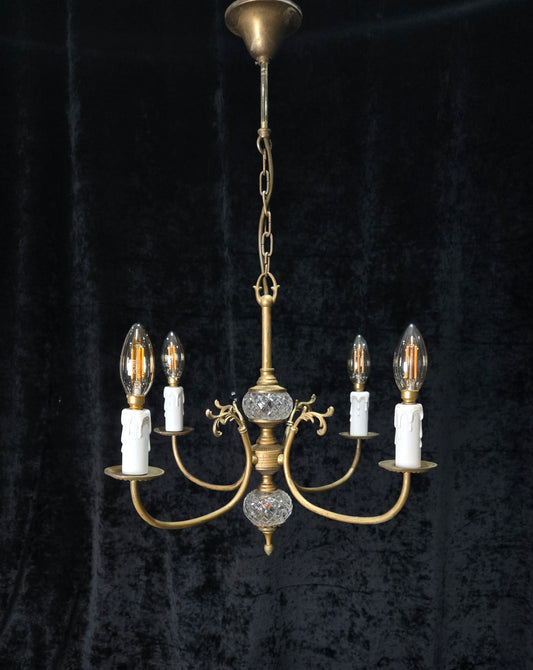 Classical Vintage French 4 Arm Lacquered Brass Crystal Chandelier Ceiling Light