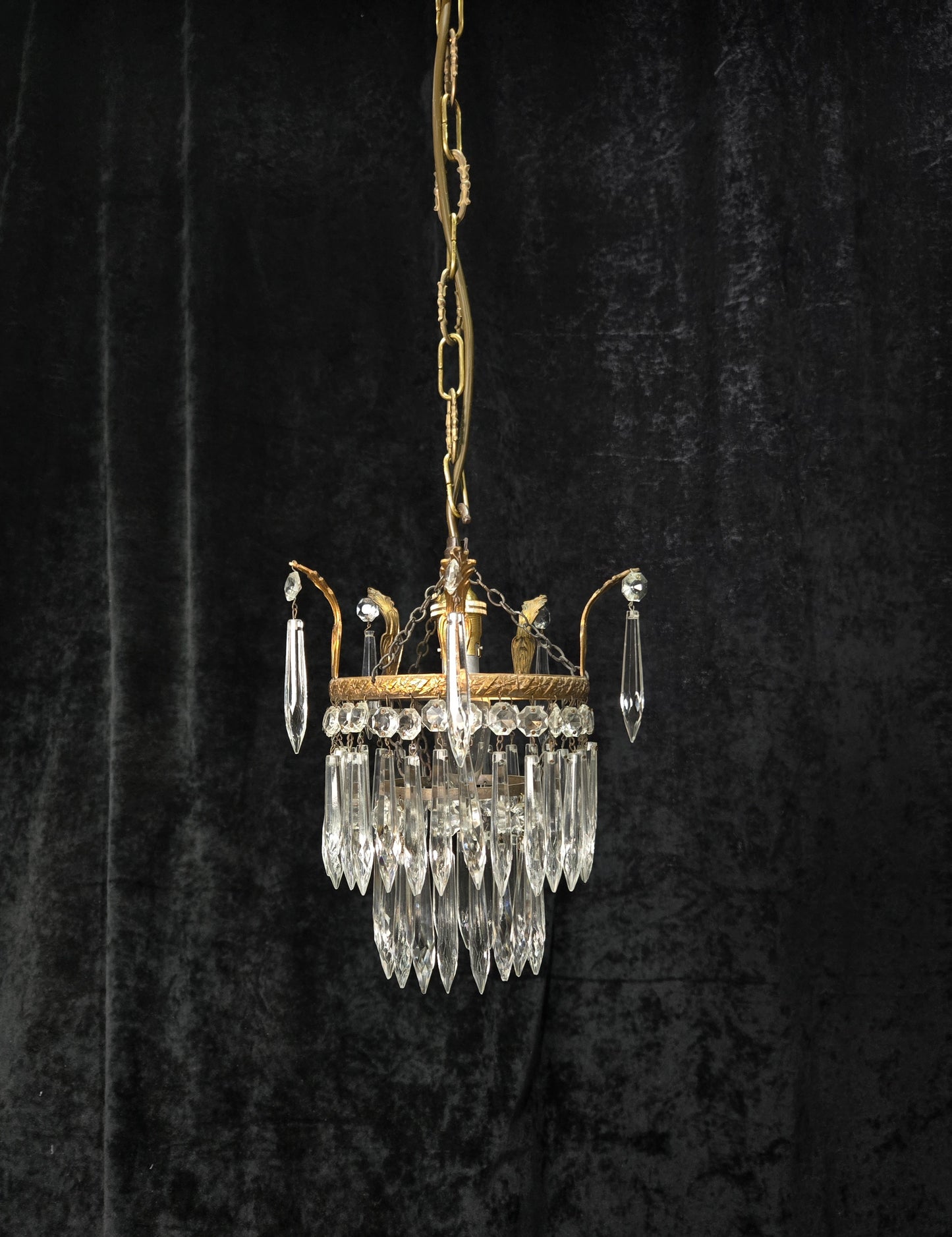 Beautiful Antique French Crystal Waterfall Brass Leaf Chandelier Ceiling Light