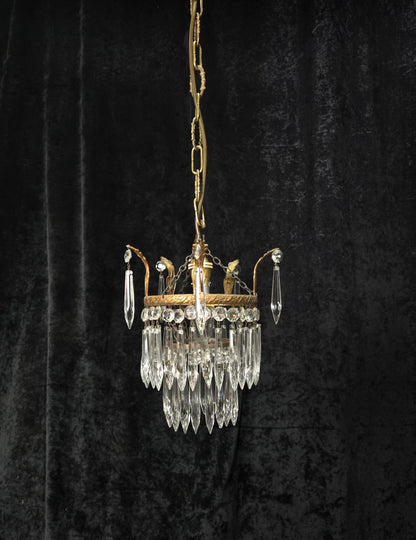 Beautiful Antique French Crystal Waterfall Brass Leaf Chandelier Ceiling Light