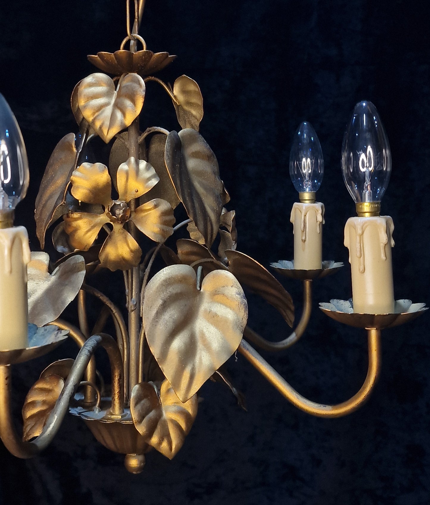 Pretty Vintage French 5 Arm Foliage Toleware Gilded Chandelier Light