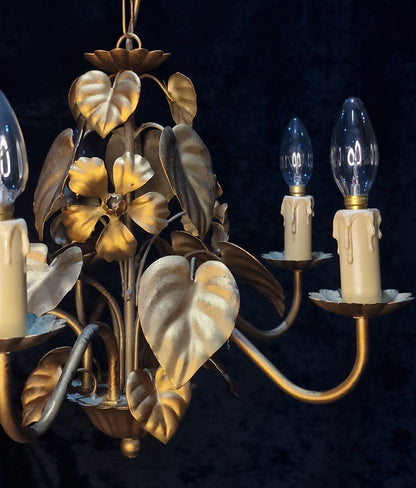 Pretty Vintage French 5 Arm Foliage Toleware Gilded Chandelier Light