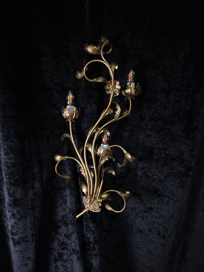 Beautiful Large Vintage Italian 3 Light Gilded Toleware Florentine Sconce Light