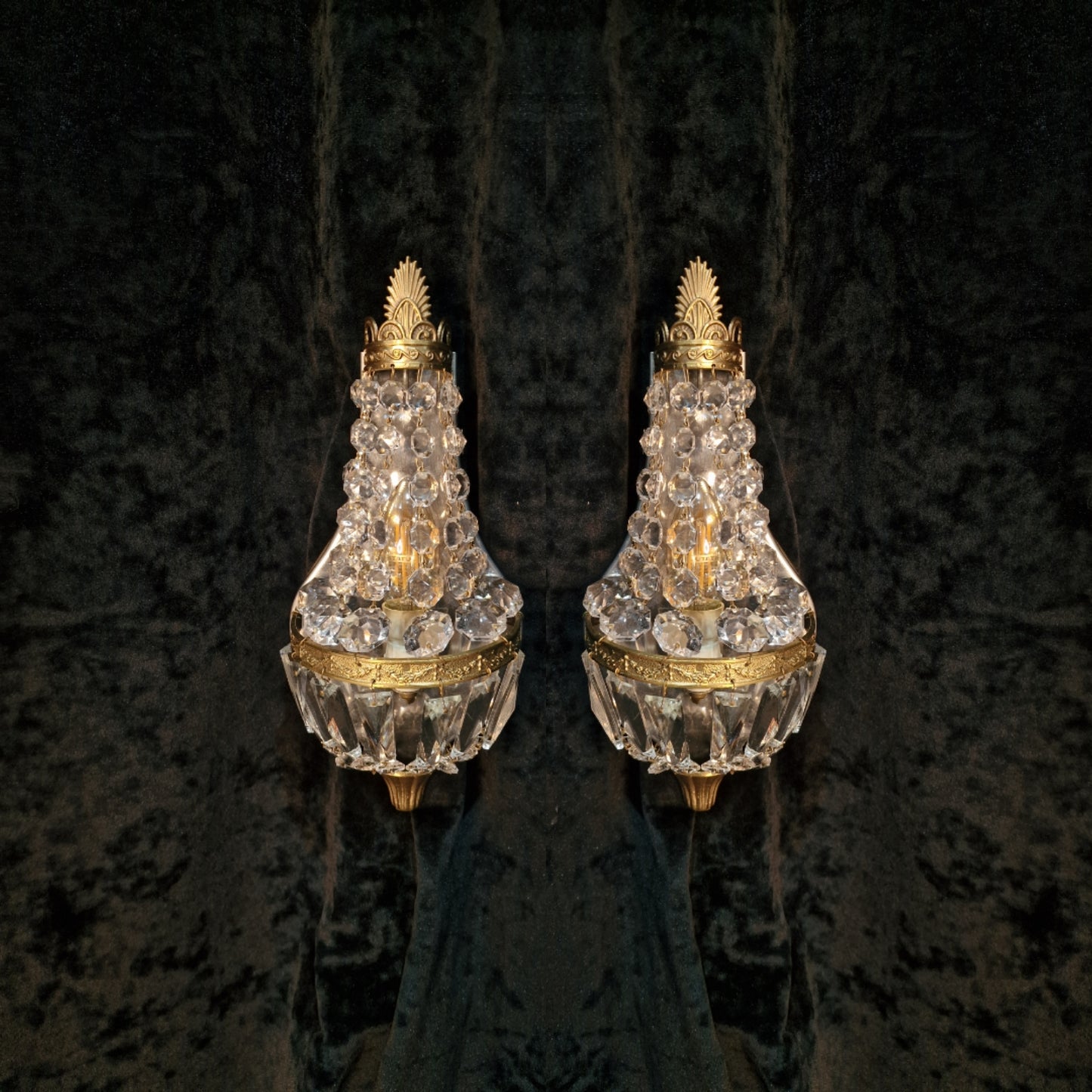 Gorgeous Pair of Vintage French Brass Crystal Montgolfiere Sconces Wall Lights