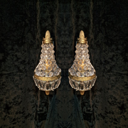 Gorgeous Pair of Vintage French Brass Crystal Montgolfiere Sconces Wall Lights