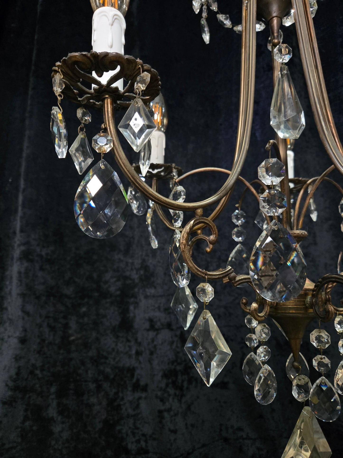 Beautiful Vintage Italian 5 Arm Brass Crystal Cage Chandelier Ceiling Light