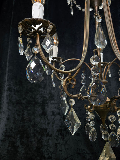 Beautiful Vintage Italian 5 Arm Brass Crystal Cage Chandelier Ceiling Light
