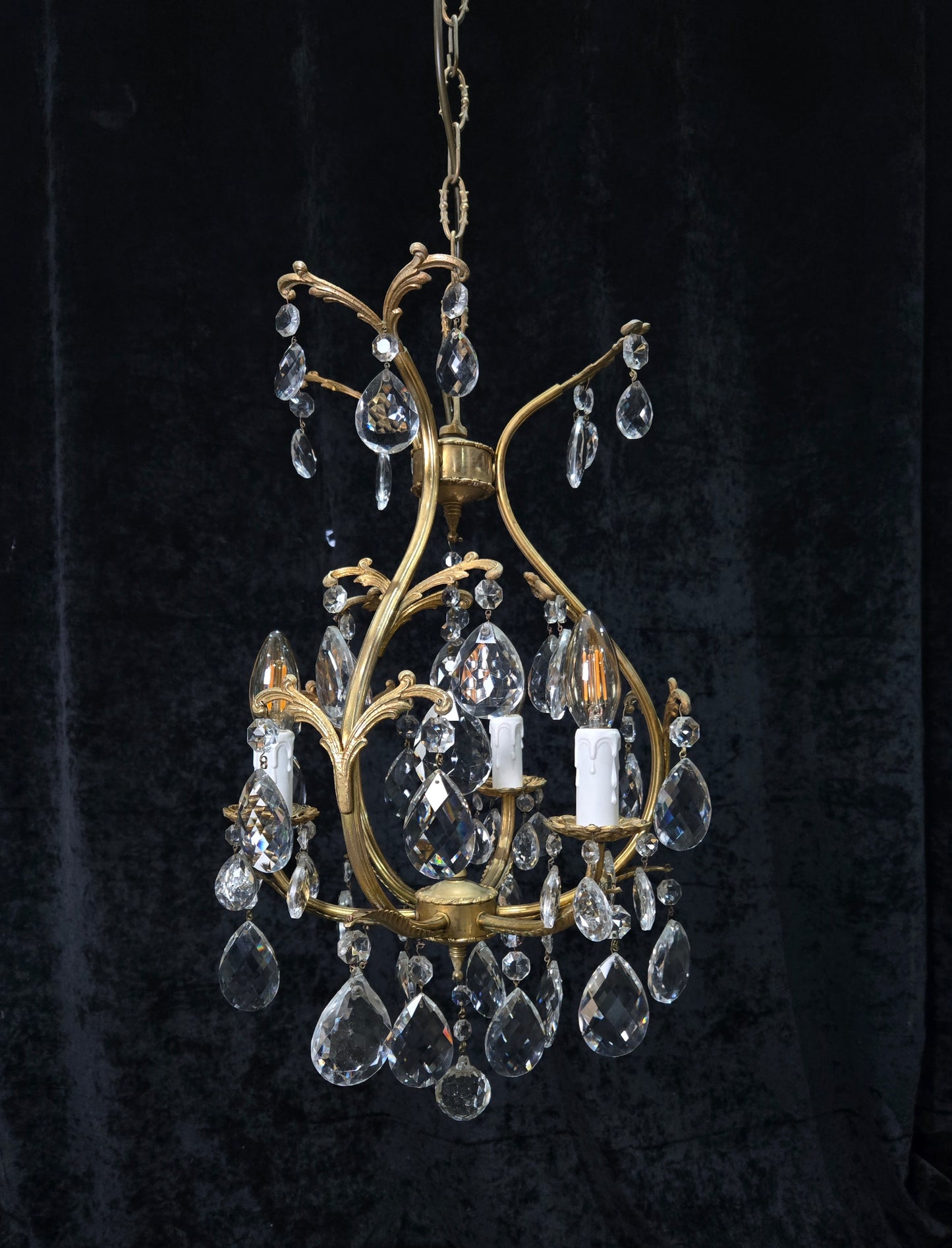 Beautiful Vintage Italian 3 Arm Brass Crystal Cage Chandelier Ceiling Light