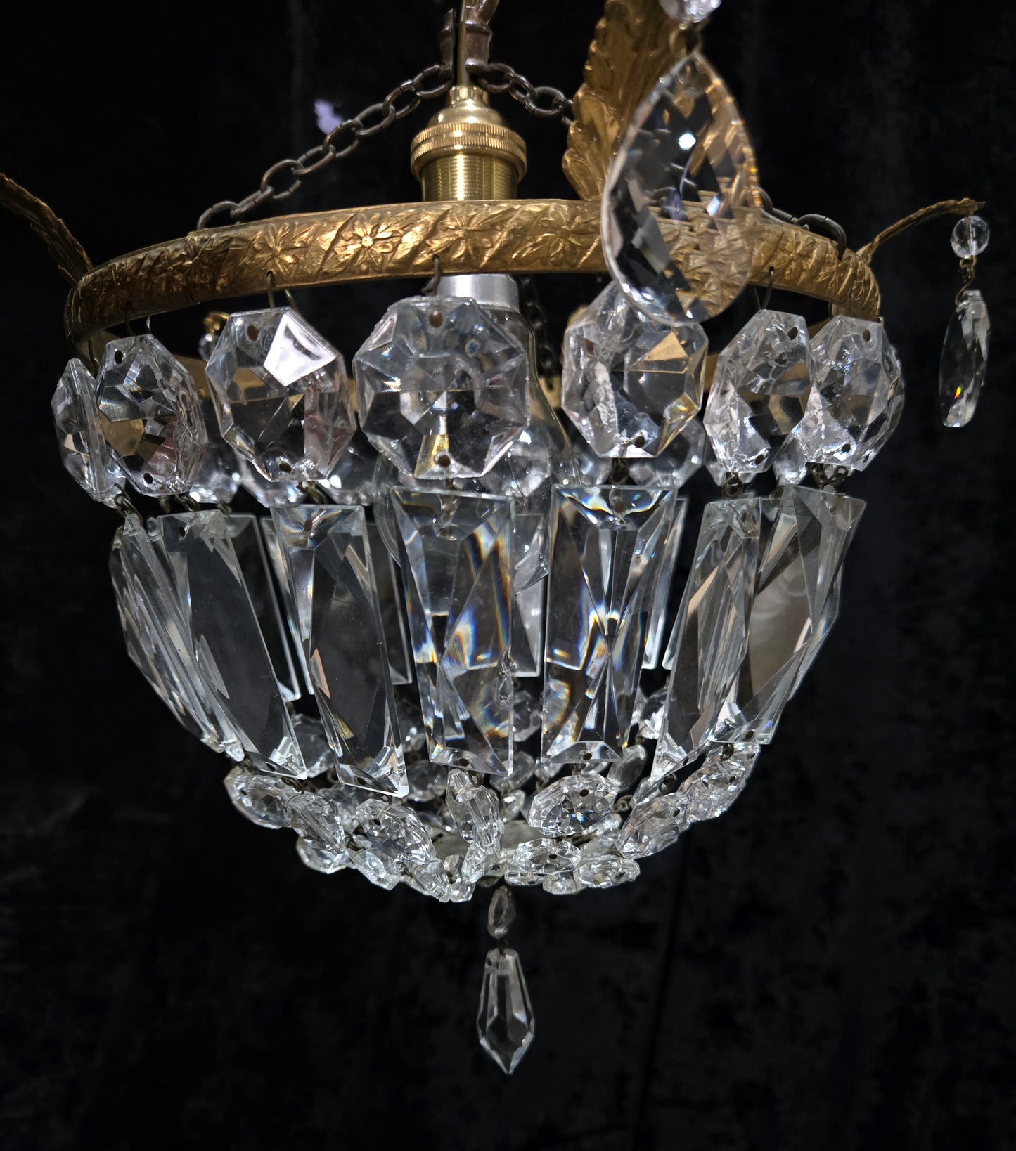 Beautiful Antique French Crystal Half Bag Brass Leaf Chandelier Ceiling Light
