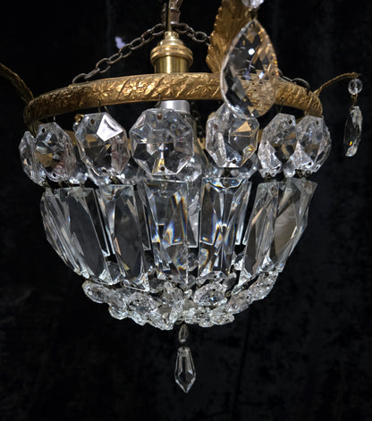 Beautiful Antique French Crystal Half Bag Brass Leaf Chandelier Ceiling Light
