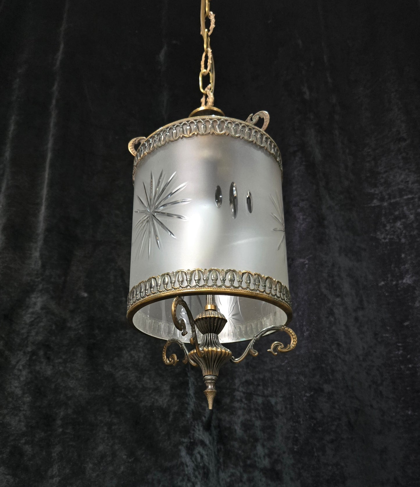 Elegant Vintage Italian Cylinder Cut Glass Starburst Brass 3 Light Lantern