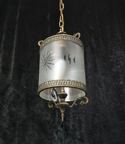 Elegant Vintage Italian Cylinder Cut Glass Starburst Brass 3 Light Lantern