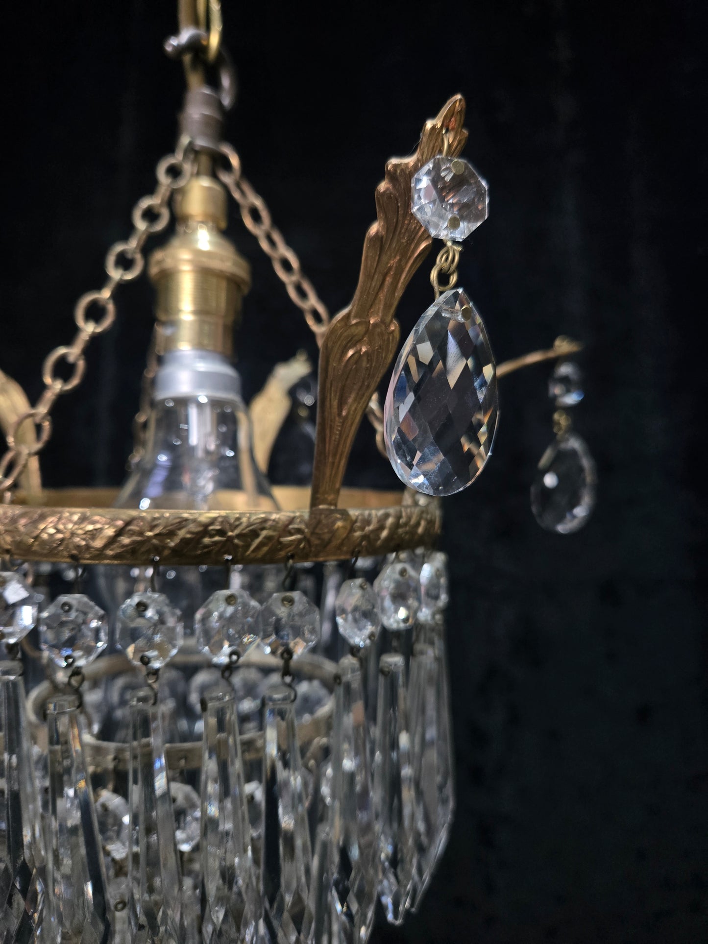 Beautiful Antique French Crystal Waterfall Brass Leaf Chandelier Ceiling Light